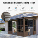 Domi 8x12FT Sun Room, Wall Mounted Gazebo Solarium with Galvanized Steel Sloping Roof, Moveable PC Screen, Front Door & 2 Side Entrance, Outdoor Aluminum Lean-to Sunroom for Patio Deck