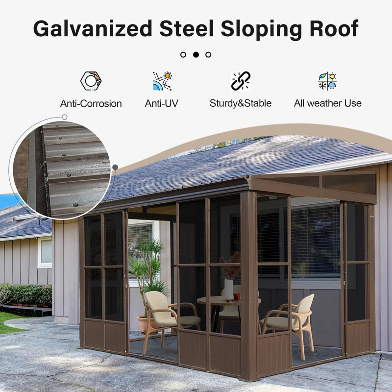 Domi 8x12FT Sun Room, Wall Mounted Gazebo Solarium with Galvanized Steel Sloping Roof, Moveable PC Screen, Front Door & 2 Side Entrance, Outdoor Aluminum Lean-to Sunroom for Patio Deck