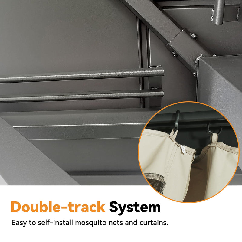 Modern Shade The Horizon Permanent Hardtop Gazebo 12' x 16' w/ 4 LED Lights, Outdoor Gazebo w/Galvanized Steel Double Roof, Patio Pavilion w/Decor Hooks, Mosquito Nettings, Black