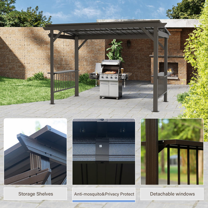 Domi 6.5x12FT Hardtop Grill Gazebo, Outdoor BBQ Gazebo with 2 Side Shelves, Sloping Steel Roof for Permanent Sun Shade with Ceiling Hooks for Patio Deck Yard Garden (Brown)