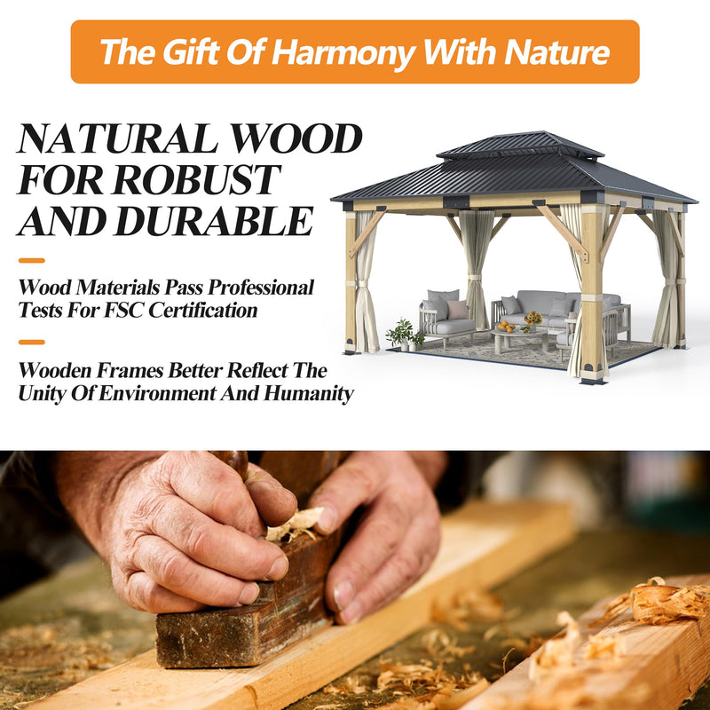 GARTOO 11’x13’ Patio Wooden Gazebo, Galvanized Steel Roof Gazebo & Privacy Curtains and Netting, Double Vented Roof Hardtop Gazebo for Garden, Porch, Lawn, Poolside, Backyard, Deck