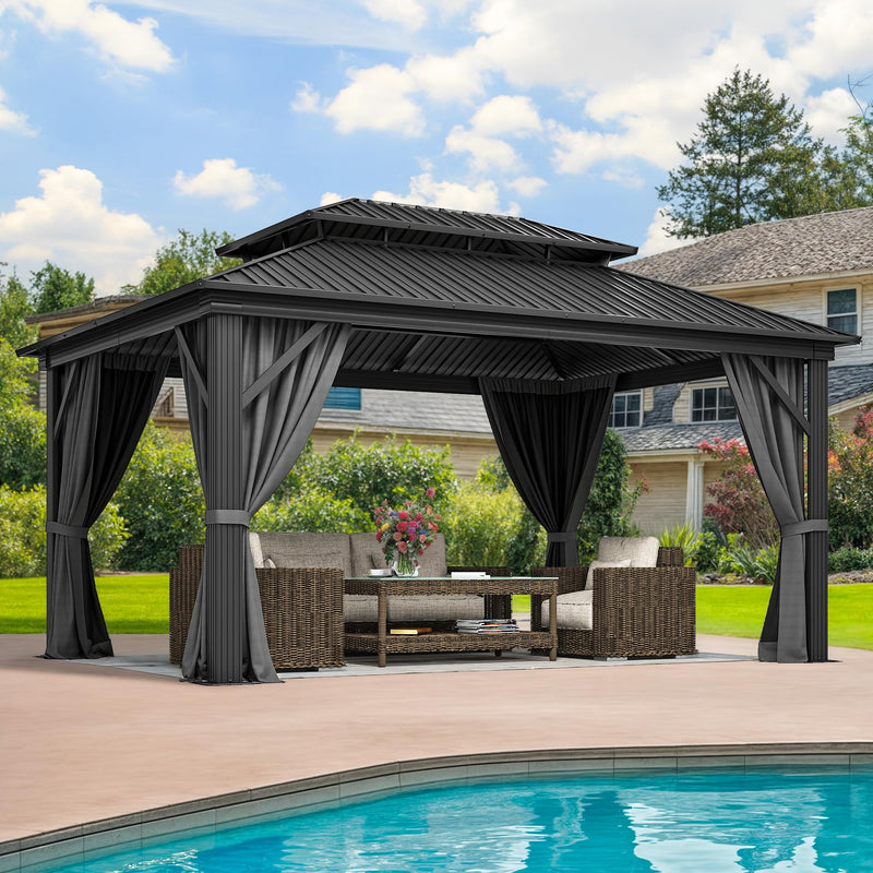 DWVO 12x16ft Gazebo Double Roof Hardtop with Nettings and Curtains, Heavy Duty Galvanized Steel Outdoor Vertical Stripes Roof for Patio, Backyard, Deck, Lawns, Grey