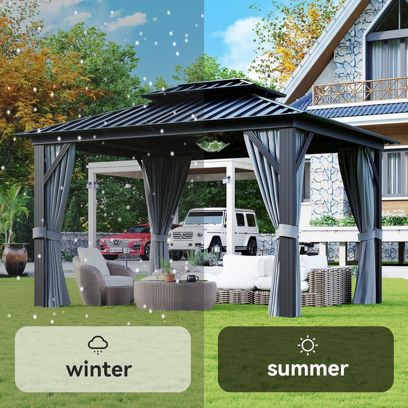 Aoxun Hardtop Gazebo 10x12, Aluminum Frame Canopy with Double Galvanized Steel Roof, Outdoor Gazebo with Breathable Netting and Privacy Curtain for Backyard