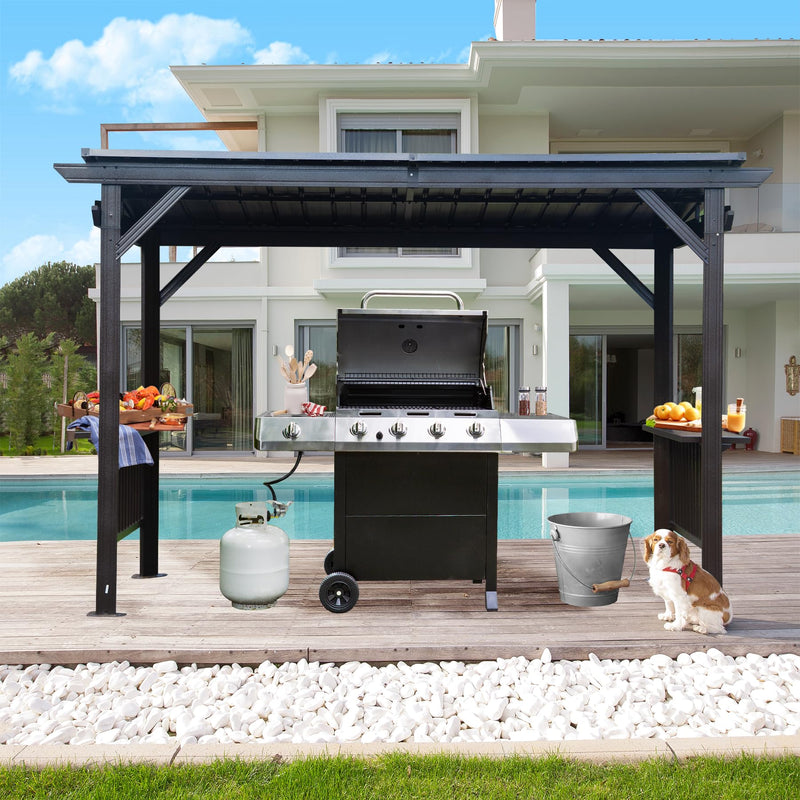 Domi 6.5x12FT Hardtop Grill Gazebo, Outdoor BBQ Gazebo with 2 Side Shelves and Ceiling Hook, Outdoor Grill Canopy with Galvanized Steel Slope Roof for Patio Lawn Backyard Deck, Grey
