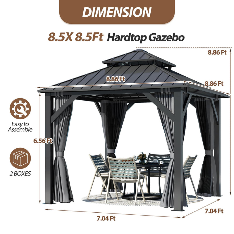 8.5' x 8.5' Hardtop Gazebo, Galvanized Steel Double Roof Gazebo with Nettings and Curtain Outdoor Aluminum Frame Vertical Stripes Roof Gazebos for Patio, Backyard, Lawn