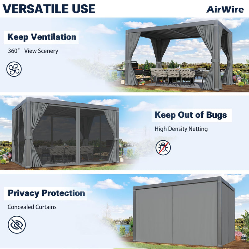 Airwire Pergola 10x12 Ft Louvered Pergola Aluminum Outdoor Pergolas W/Adjustable Roof, Waterproof Curtains and Nets Outdoor Gazebo for Deck,Patio,Backyard and Garden