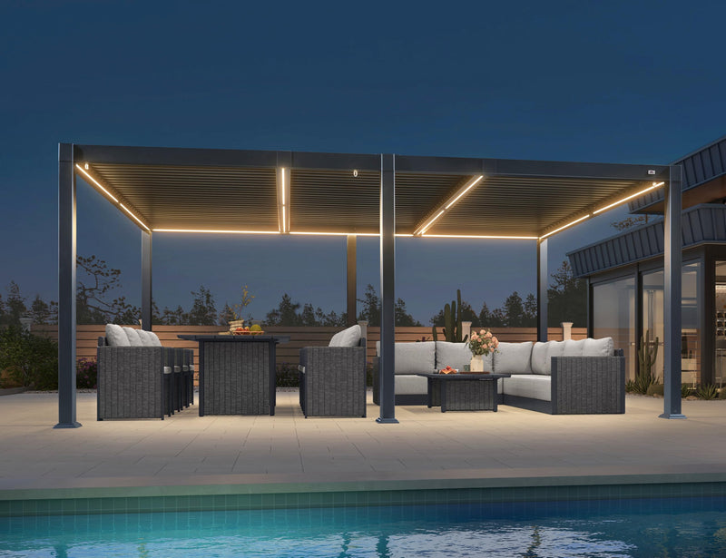 PURPLE LEAF LED Louvered Pergola 92KS 11.5' x 17.5' with Integrated Strip Lights Aluminum Independent Adjustable Rainproof Roof Hardtop Gazebo for Patio Deck Garden Yard Gray