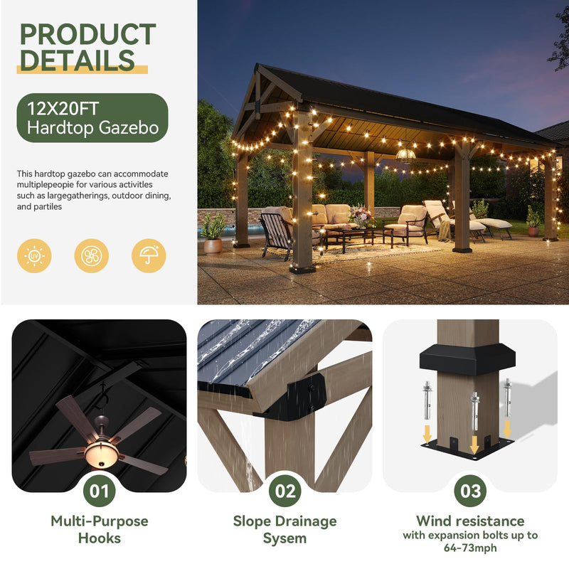 Aoxun 12' x 20' Outdoor Wood Gazebo, Hardtop Gazebo Permanent Wooden Pavilion with Galvanized Steel Gable Roof, for Patio, Garden, Deck, Cedar Wood