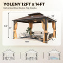 YOLENY 12' x 14' Gazebo Hardtop with Aluminum Frame,Galvanized Steel Double Roof Gazebos with Curtain and Netting,Outdoor Metal Pergolas for Garden, Lawn, Deck, Brown