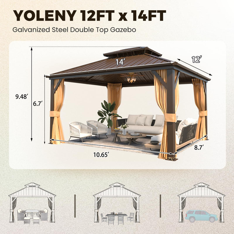 YOLENY 12' x 14' Gazebo Hardtop with Aluminum Frame,Galvanized Steel Double Roof Gazebos with Curtain and Netting,Outdoor Metal Pergolas for Garden, Lawn, Deck, Brown