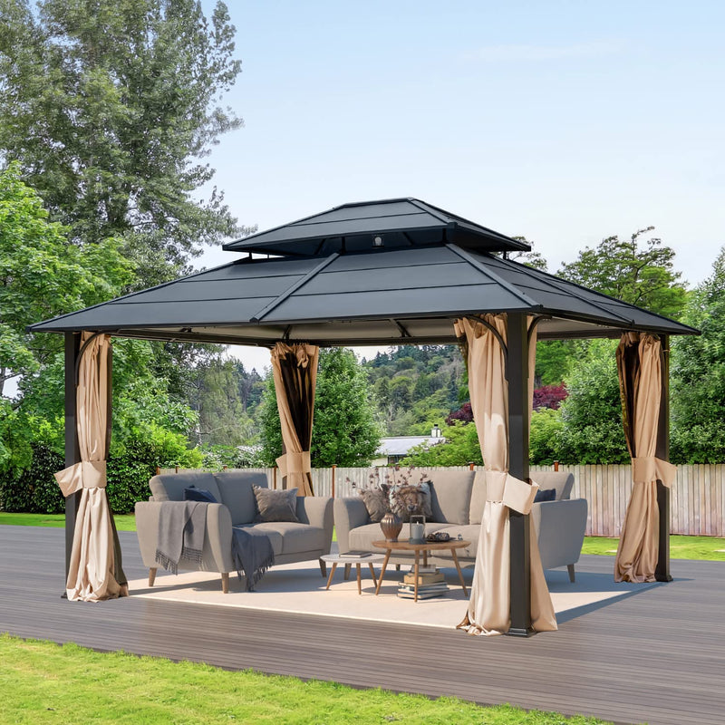 EROMMY 12'x14' Hardtop Gazebo, Double Roof Metal Canopy with Aluminum Frame, Netting and Shaded Curtains Included Permanent Outdoor Pavilion Gazebos for Patio, Backyard, Deck and Lawns