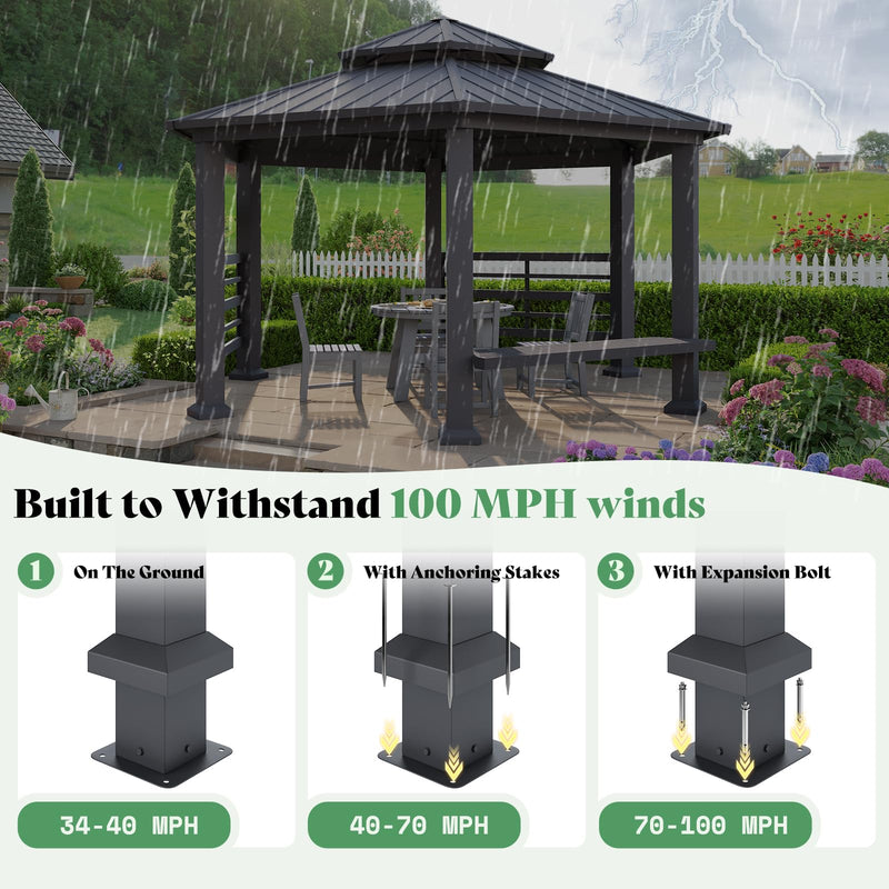 AMERLIFE 13X15FT Hardtop Gazebo, Hexagon Metal Patio Gazebo, Double Tiered Patio Pavilion with Aluminum Foot, Dual Rails, Ceiling Hook and Bench for Patio, Garden, Backyard Shade