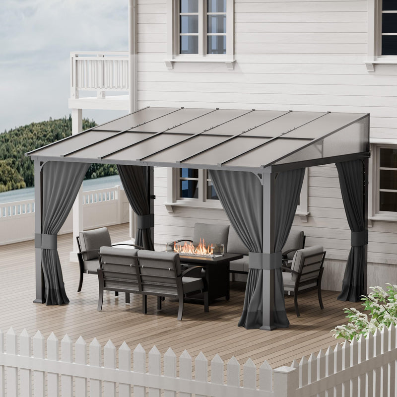 ASJMR 10x12FT Gazebo, Hardtop Wall Mounted Gazebo with Sloping Sun Panel Roof, Awnings for Patio with Metal Frame, Double Curtains for Garden, Lawn, Backyard Deck, Sand