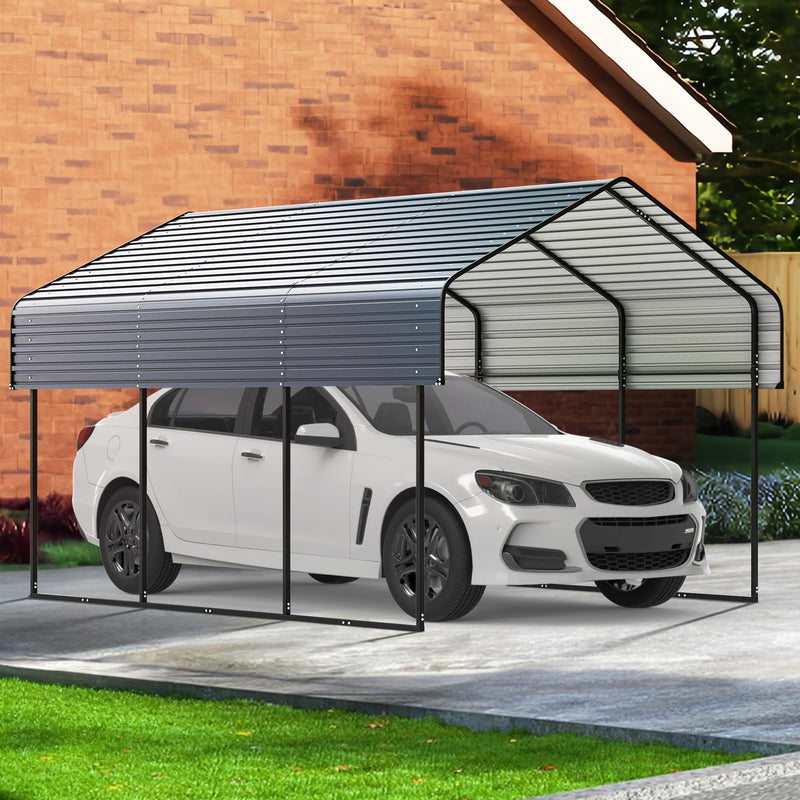 10'x15' Heavy Duty Metal Carport, Outdoor Garage Car Shelter Shade with Heavier Metal Frame, Galvanized Metal Roof for Car and Boats, Grey