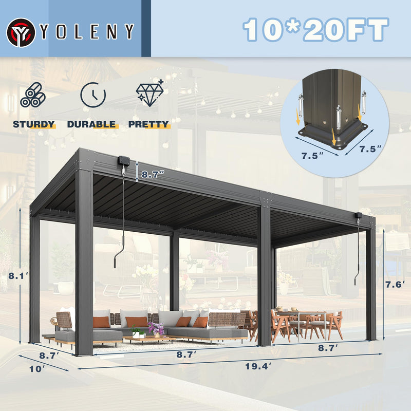 YOLENY 10x20ft Louvered Pergola, Outdoor Pergola with Adjustable Rainproof Roof, Aluminum Gazebo with 6 Panels Pull-Down Screen for Patio, Lawn, Garden, Backyard, Deck, Dark Gray