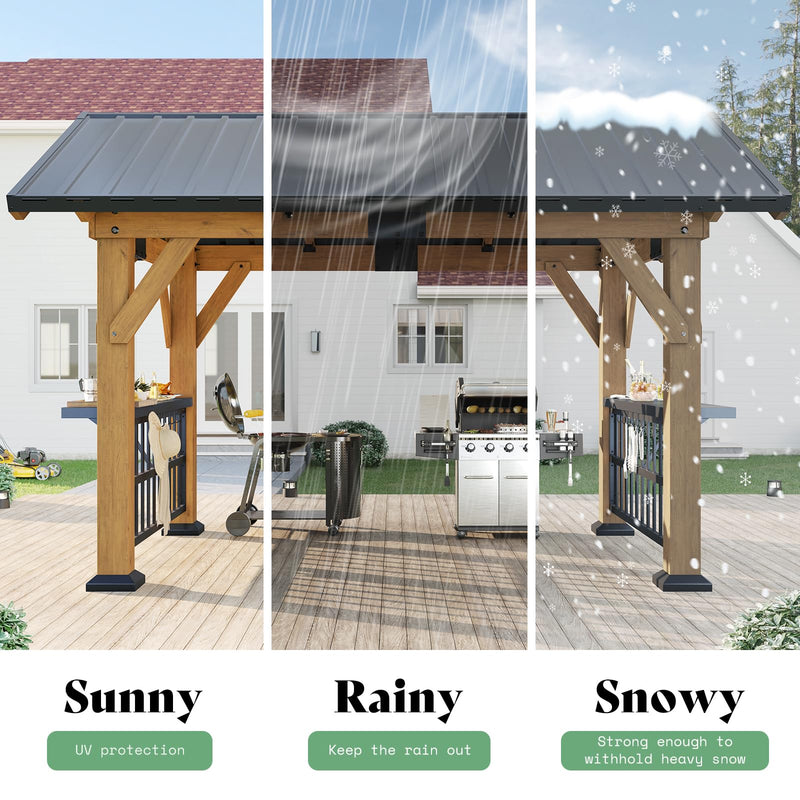 AMERLIFE Solid Wood Gazebo, Hardtop Gazebo with Metal Steel Gable Roof with Guest House for Garden, Porch, Patio, Black + Natural Wood (9 x10FT)