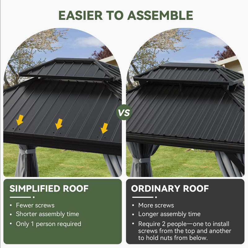 Aoxun 10' X 12' Hardtop Gazebo, Aluminum Outdoor Gazebo with Galvanized Steel Double Roof Canopy, Permanent Metal Pavilion with Privacy Curtain and Netting, for Garden, Backyard, Square Foundation