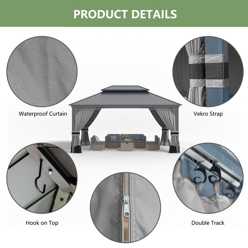 12' x 16' Hardtop Gazebo,Outdoor Galvanized Steel Metal Double Roof Gazebo with Curtains and Netting for Patios, Gardens, Lawns,Grey