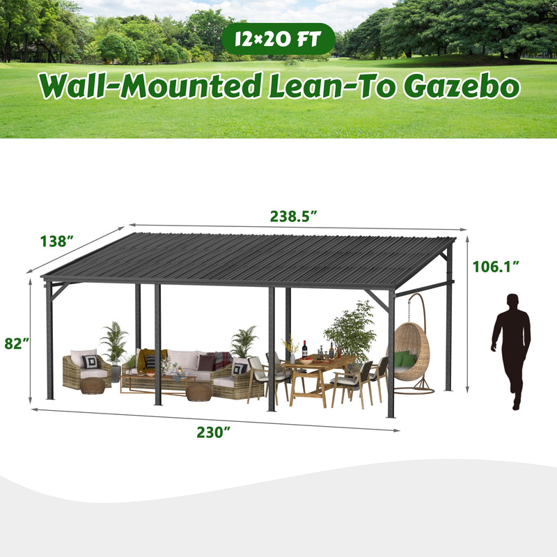 Yardenaler 12x20 FT Wall Mounted Gazebo with Triangle Structure, Hardtop Lean to Gazebo with Metal Slope Roof, Outdoor Pergola with Drainage Holes for Patio, Backyard, Deck