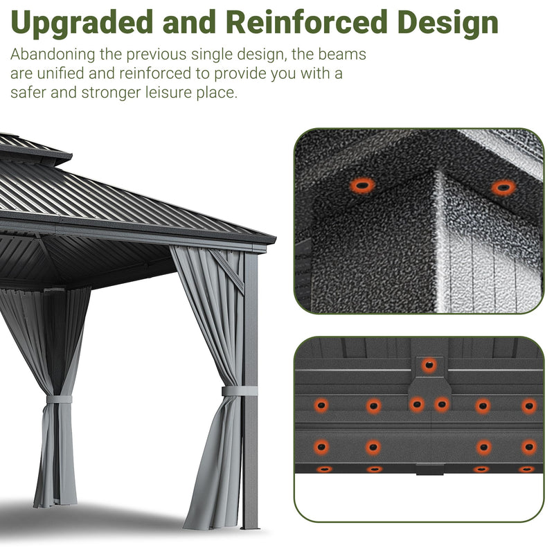 VIWAT 10x14 FT Hardtop Gazebo with Aluminum Frame, Galvanized Steel Double Roof Gazebo with Nettings and Curtains, Permanent Outdoor Metal Pavilion for Patio, Deck, Lawn and Garden, Gray