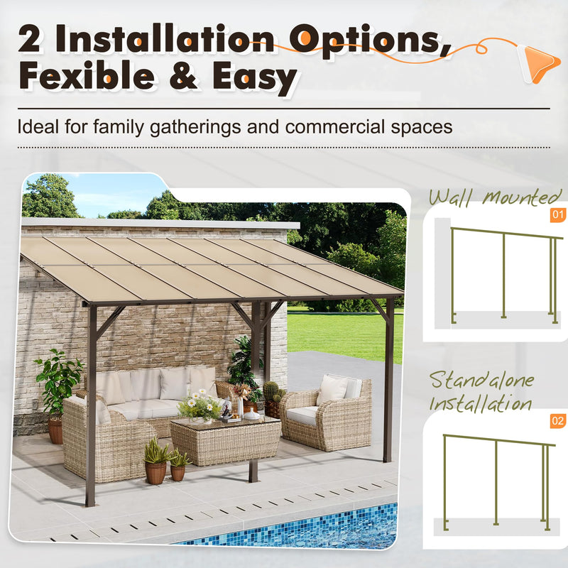 Crownland 10'x14' Outdoor Gazebo Hardtop, Wall-Mounted Lean-to Gazebo with Dewatering Hole, Large Outdoor Pergola Awning, Waterproof for Deck, Backyard, Garden, Porch