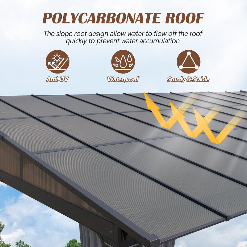 Raysfung 12 x20FT Outdoor Wall-Mounted Hardtop Gazebo, Aluminum Frame Lean to Gazebo with Polycarbonate Roof and Curtains for Patio, Garden, Deck