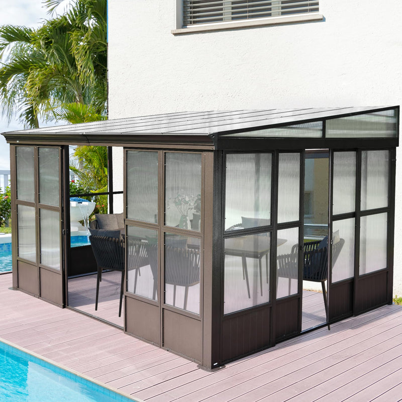 Domi 10x12FT All Season Sunroom, Outdoor Permanent Wall Mounted Solarium with Detachable Polycarbonate Windows, Aluminum Lean to Gazebo Sun Room with 2 Lockable Sliding Doors for Garden Patio Deck