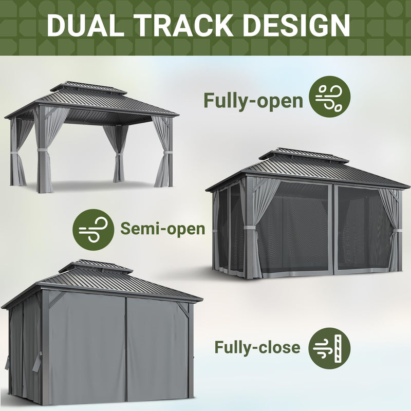 VIWAT 10x14 FT Hardtop Gazebo with Aluminum Frame, Galvanized Steel Double Roof Gazebo with Nettings and Curtains, Permanent Outdoor Metal Pavilion for Patio, Deck, Lawn and Garden, Gray