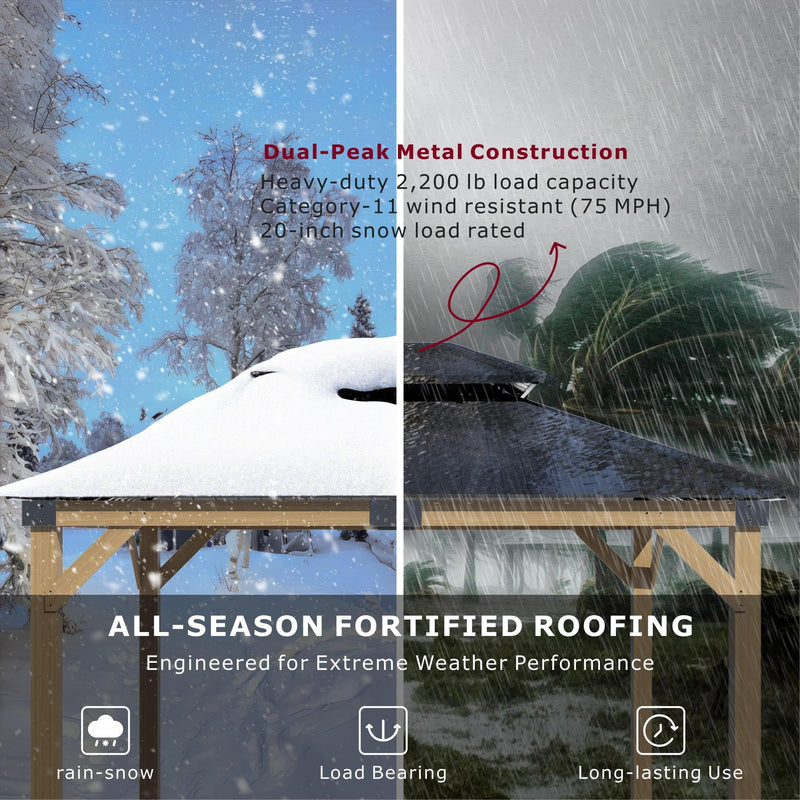 Oasisphere 10x12 Wood Gazebo, Cedar Wood Hardtop Pavilion with Double-Layer Galvanized Steel Roof, 120mm Thick Wooden Posts for Patio, Backyard, Garden, Deck