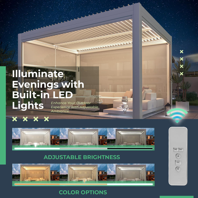 YOLENY Electric Louvered Pergola 10x13, Solar and Electric Powered, Integrated LED and 4 Side Screens, Full Aluminum Frame and Louvers, Adjustable Rainproof Roof for Outdoor Living, White