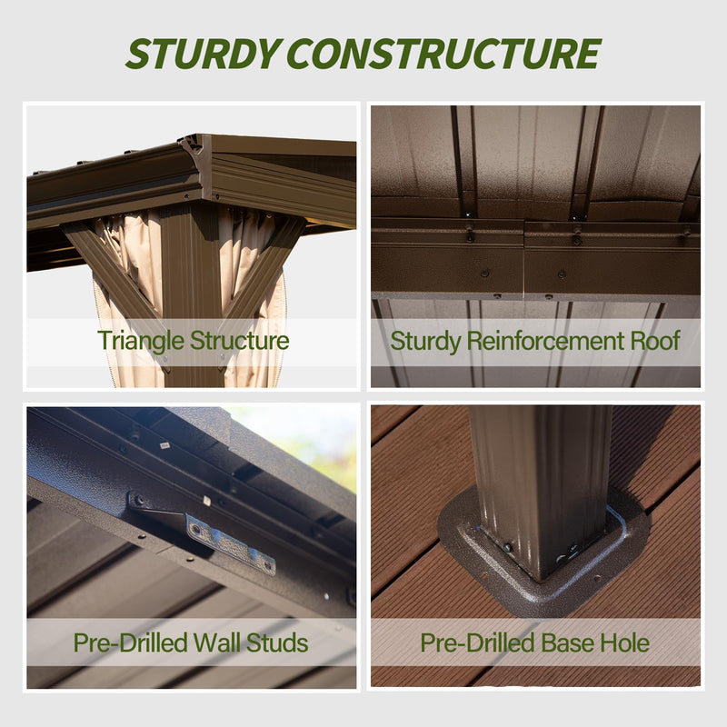 Domi 10x14FT Lean to Gazebo with Gutters, Outdoor Wall Mounted Pergola Hardtop with Galvanized Steel Sloping Roof, Patio Metal Canopy with Curtains and Nettings, Outside Awning for Backyard, Garden