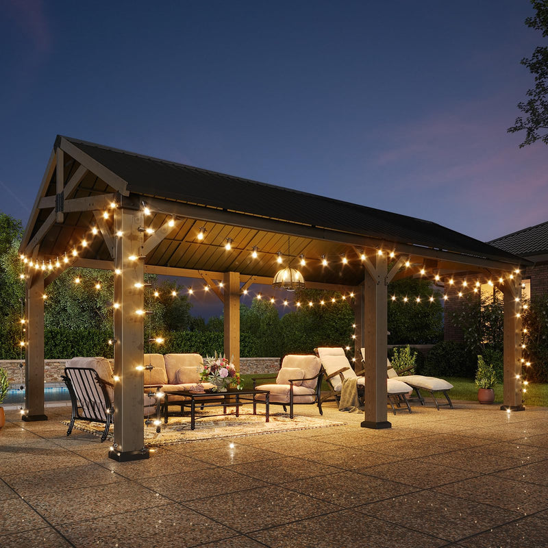 Aoxun 12' x 20' Outdoor Wood Gazebo, Hardtop Gazebo Permanent Wooden Pavilion with Galvanized Steel Gable Roof, for Patio, Garden, Deck, Cedar Wood