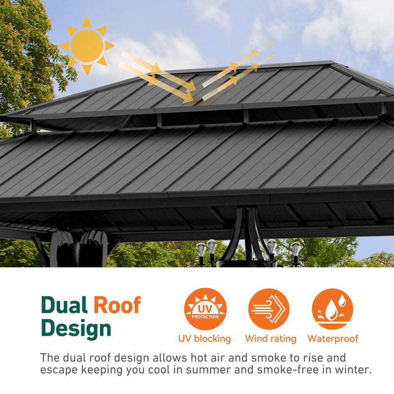 Modern Shade The Horizon Permanent Hardtop Gazebo 12' x 16' w/ 4 LED Lights, Outdoor Gazebo w/Galvanized Steel Double Roof, Patio Pavilion w/Decor Hooks, Mosquito Nettings, Black