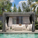 10' × 10' Louvered Pergola, Outdoor Aluminium Canopy with Adjustable Roof Curtains and Netting for Patio, Deck, Garden, Yard, Beach. (Black)