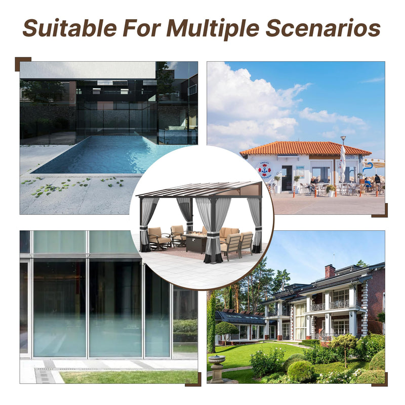 Gotland 10FTx14FT Outdoor Wall-Mounted Hardtop Pergola, Metal Frame Gazebo with Sloping Sun Panel Roof and Double Curtains for Patio, Garden, Lawn, Grey