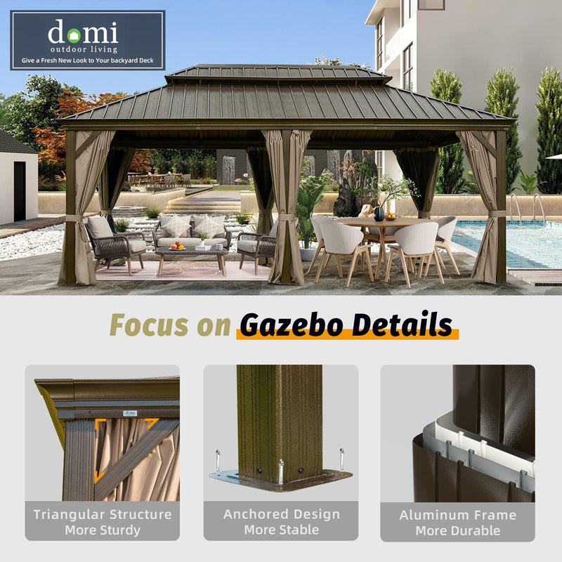 Domi Hardtop Gazebo 12x20FT, Outdoor Gazebo with Galvanized Steel Double Roof, Aluminum Frame, Built-in Gutter System, Curtain and Netting, Metal Gazebo Pavilion for Patio Deck Garden, Brown