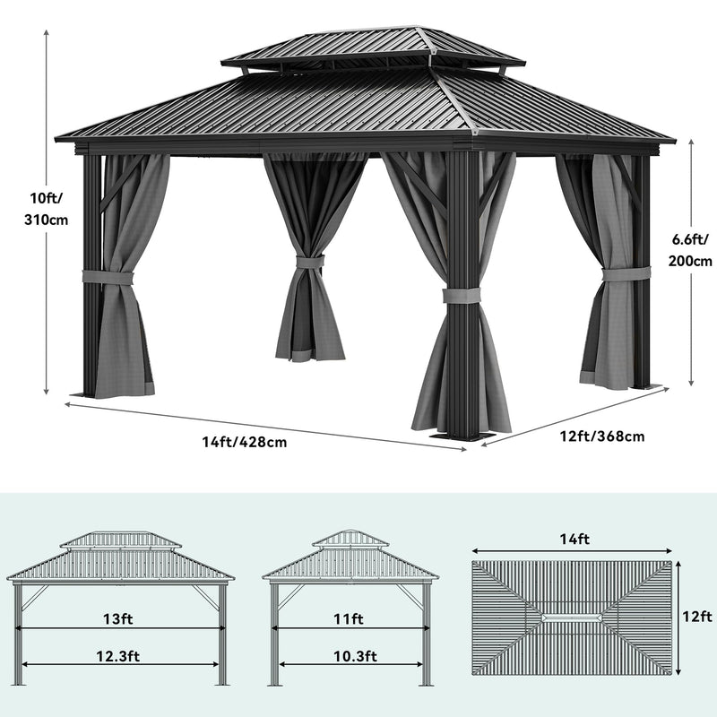 YITAHOME 12x14ft Hardtop Gazebo, Heavy Duty Double Roof Galvanized Steel Outdoor with Nettings and Curtains Combined of Vertical Stripes Roof for Patio, Backyard, Deck, Lawns, Gray