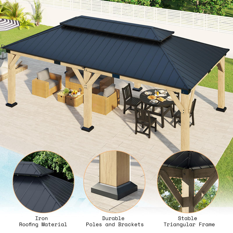 AMERLIFE 12x20 ft Hardtop Gazebo, Spruce Wood Gazebo with Iron Double Roof, Outdoor Pergola with Wood Frame for Garden, Porch, Patio, Charcoal Gray + Brown Gray