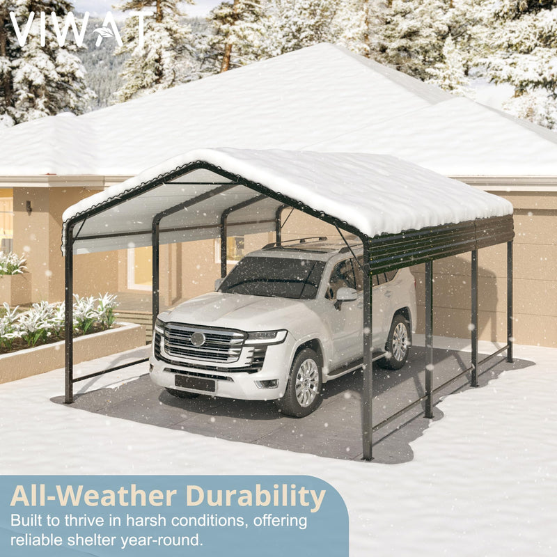 VIWAT Carport 10x15 FT Metal Carport with Enhanced Base Outdoor Heavy Duty Garage Galvanized Car Shelter for Pickup, Boat, Car and Tractors