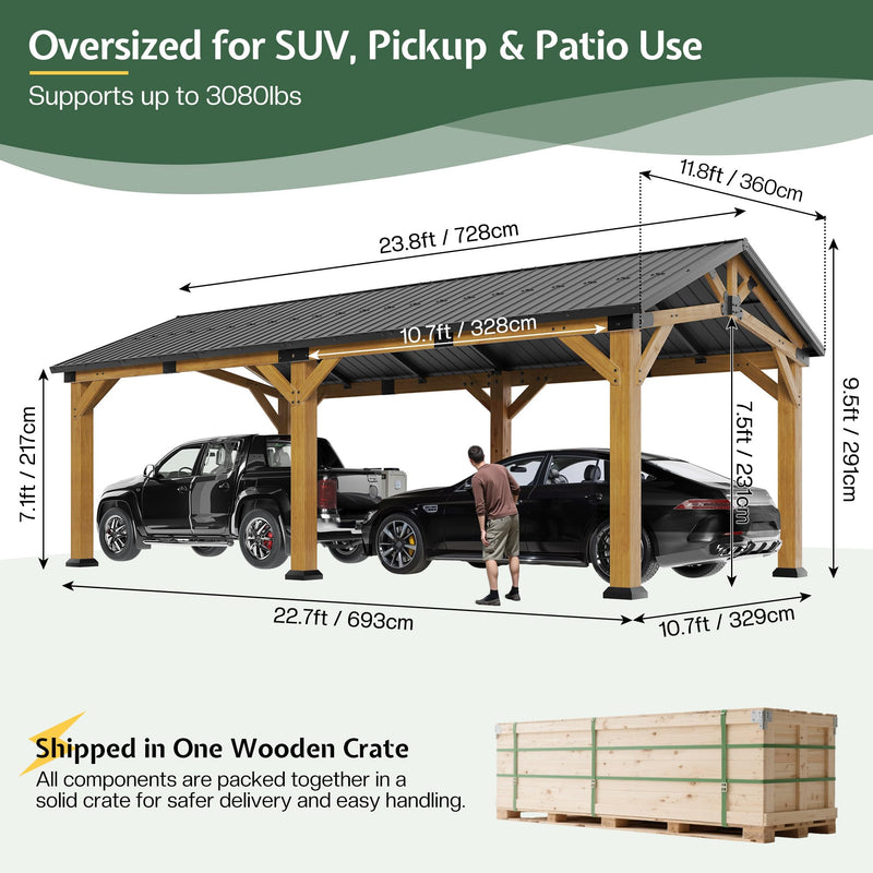 Jocisland 12x24x9.5 FT Cedar Wood Hardtop Carport with Steel Roof, Waterproof Outdoor Gazebo Pavilion, Heavy-Duty Snow & Wind Resistant Canopy for Patio, Driveway, Garden