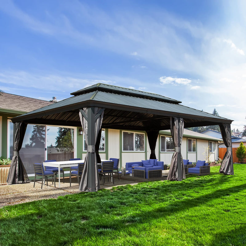 Domi 14'x24' Hardtop Gazebo Canopy,Outdoor Aluminum Gazebo with Galvanized Steel Double Roof, Extra Large Permanent Gazebo Pavilion for Patio Deck Backyard,Curtain and Netting,Grey