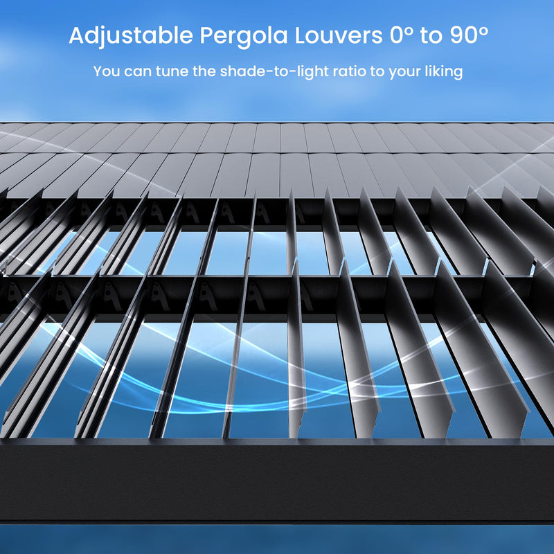 SUNBURY 10'X 20' Louvered Pergola, Aluminum Outdoor Pergola with 4 Adjustable Roof, All-Weather Use, Netting & Privacy Curtains, Waterproof Patio Shade Cover for Patio, Backyard, Lawn, Garden, Black