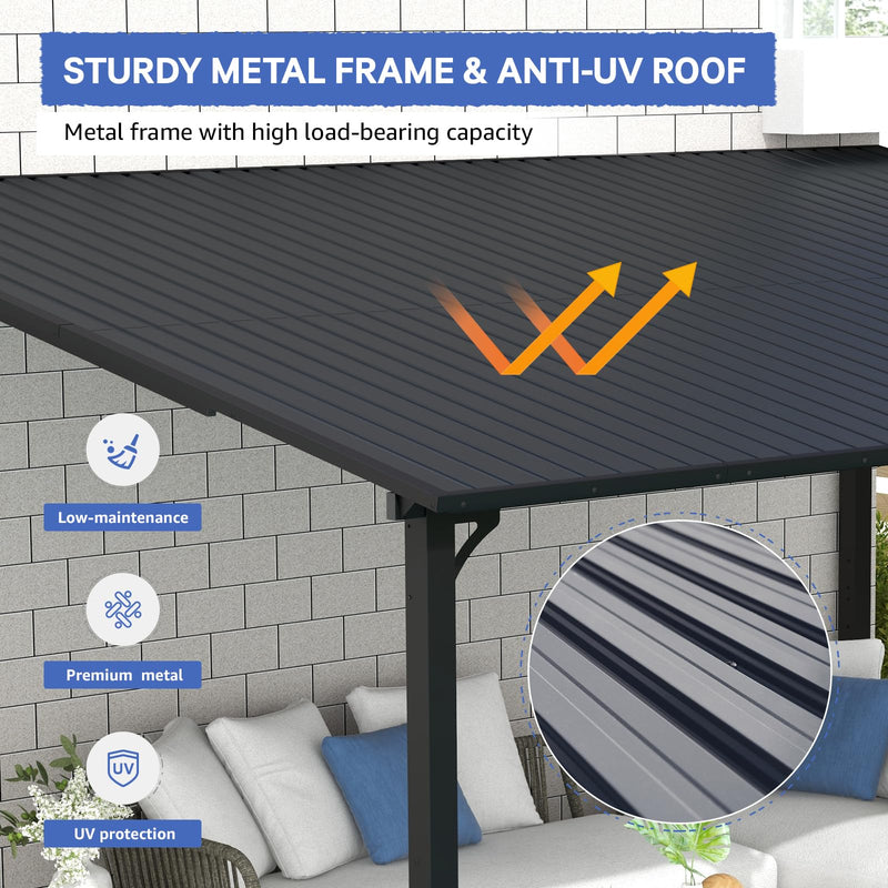 SUNSITT 10'x 14' Gazebo, Outdoor Lean to Gazebo Pergola w/Drainage Holes, Wall-Mounted Gazebo with Hard Top Metal Awnings for Patio Backyard Deck, Dark Grey