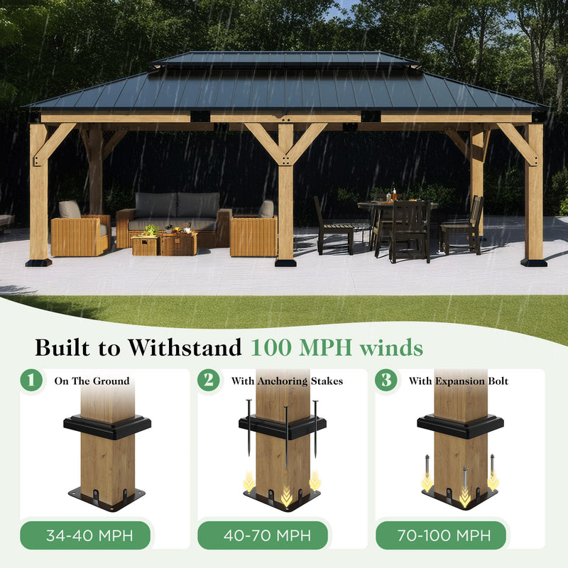 AMERLIFE 12x20FT Outdoor Wood Gazebo, Hardtop Pergola with Metal Roof & Spruce Wood Frame, Backyard Gazebo for Garden,Conversation,Gray Brown