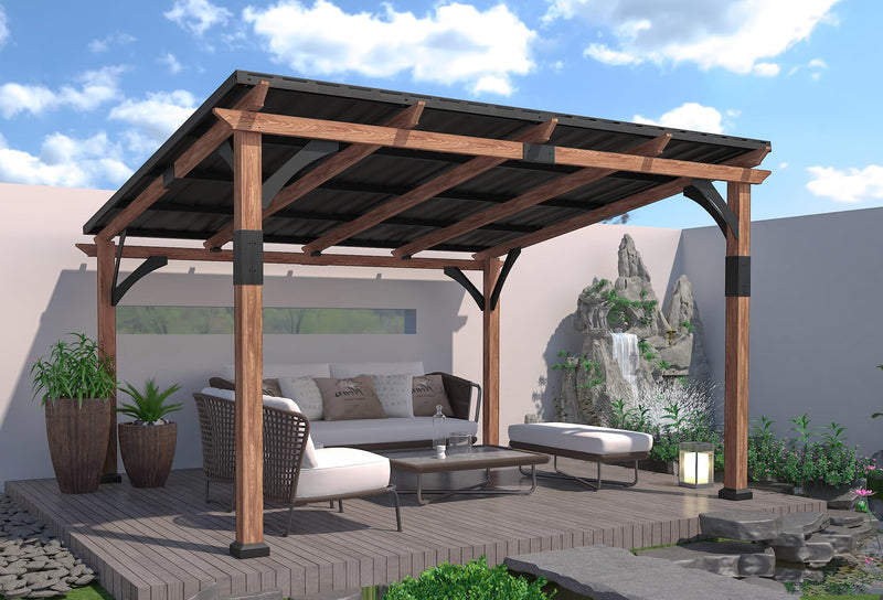 Macrout 12'x14' Outdoor Gazebo, Heavy Duty Pergola with Sloped Metal Roof and Aluminum Frame, Permanent Gazebos for Patio, Decks, Backyard, Garden, 4756 (Sloped Roof + Brown Frame, 12'x14')