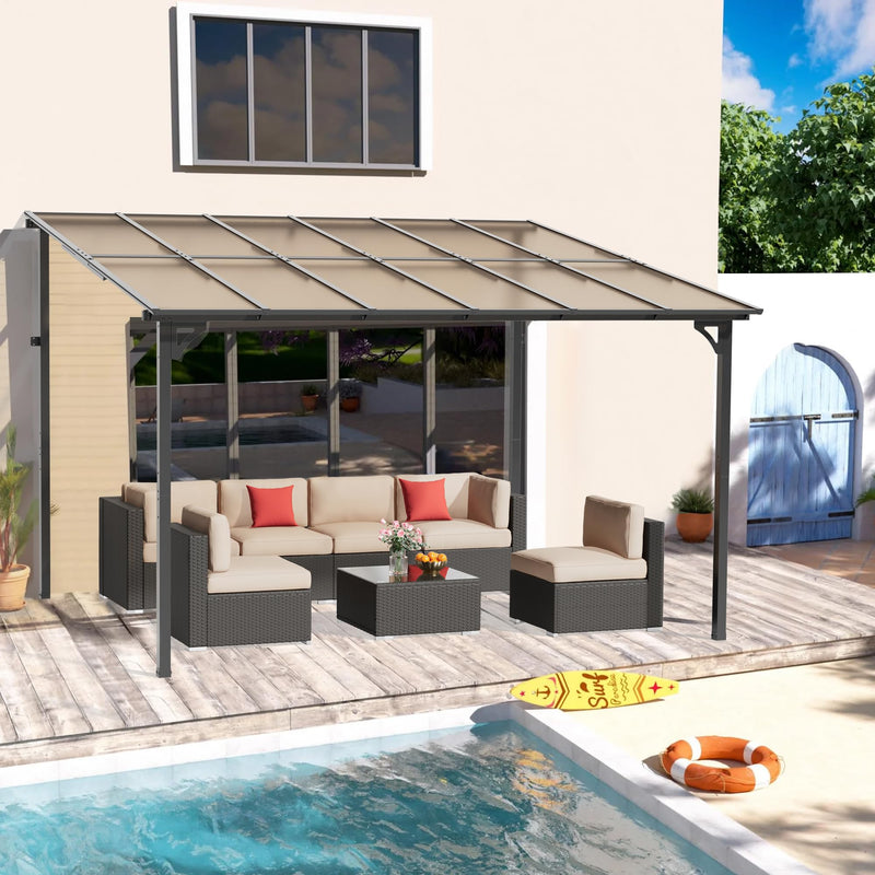 Oakcloud 10' x 12' Outdoor Wall Mounted Gazebo, Patio Lean to Gazebo Pergola with Sloped Roof, Large Heavy Duty Awning for Patio, Backyard, Deck