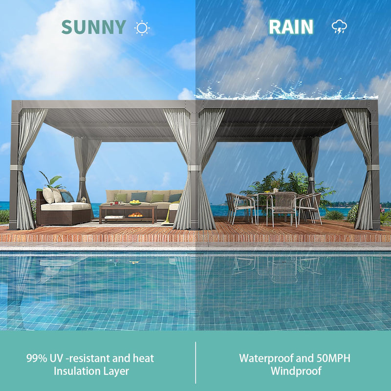 YOLENY Louvered Pergola 12x24, All Aluminum Pergola with Adjustable Rainproof Roof, Outdoor Pergola with Curtains and Nets for Patio & Garden, Dark Grey