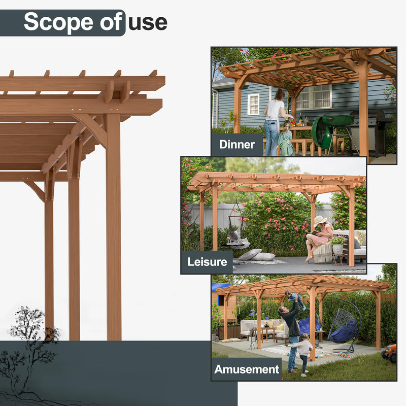 YOPTO 12x16 FT Outdoor Gazebo,Wooden Grape Pergola with Waterproof and Climbing Plant Support,Garden,Terrace,Backyard,Deck, Wind Protection Rating:Level 6,Brown