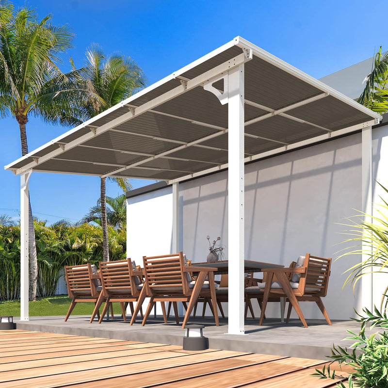 AECOJOY 12' x 10' White Pergola Gazebo, Large Wall Mounted Pergolas and Gazebos on Clearance, Outdoor Patio Lean to Hard Top Gazebo Metal Awnings for Decks,Patio, Porch, Backyard and More