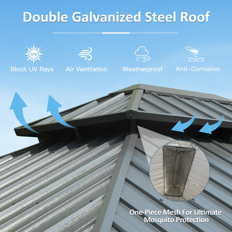 Domi 12' X 14' Hardtop Gazebo, Upgraded Metal Gazebo with Drainage System, Dual-Layer Galvanized Steel Roof, Curtain and Netting, Outdoor Shelter Canopy for Patio, Garden, and Backyard, Grey